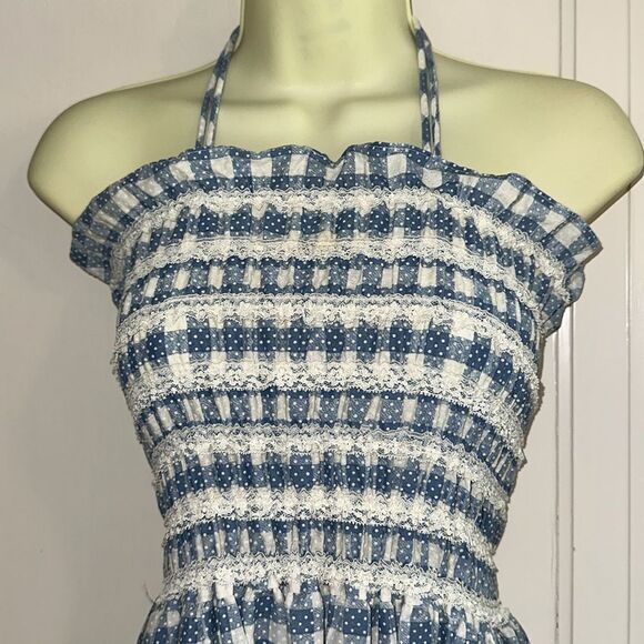 Vintage 70s Teen Girl Blue and White Gingham Halter Smocked Bodice Maxi Dress - Picture 2 of 8